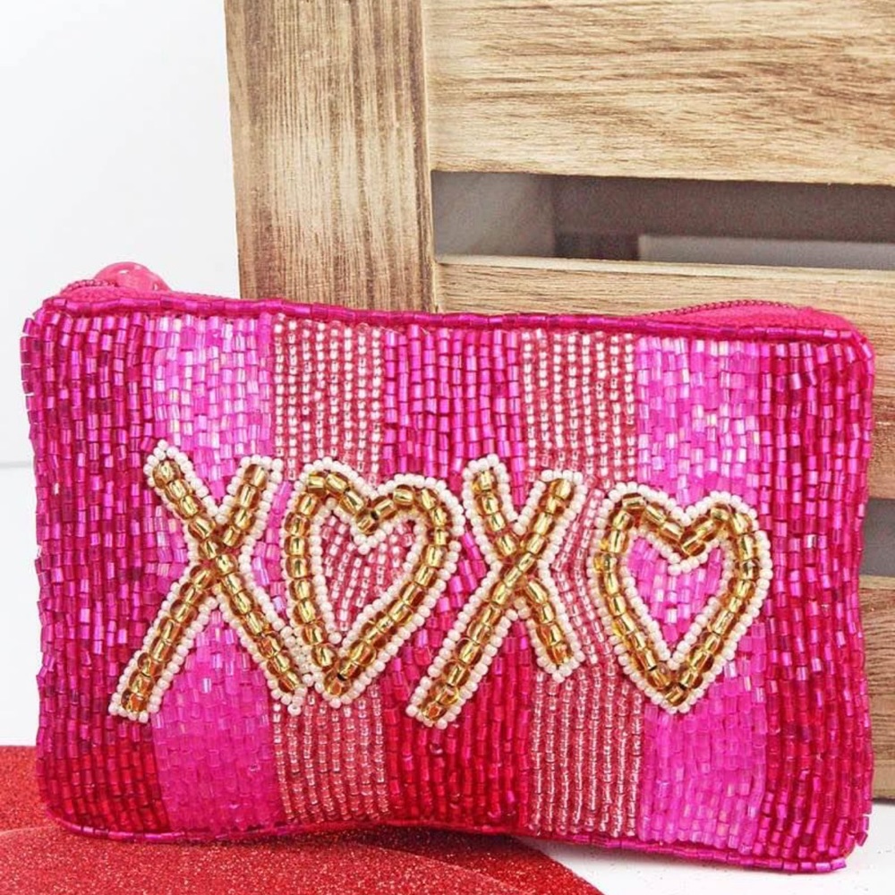 Fuchsia stripe xoxo coin purse